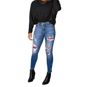 Judy Blue High Rise Buffalo Plaid Distressed Skinny Fit Jeans Women's Size 15/32